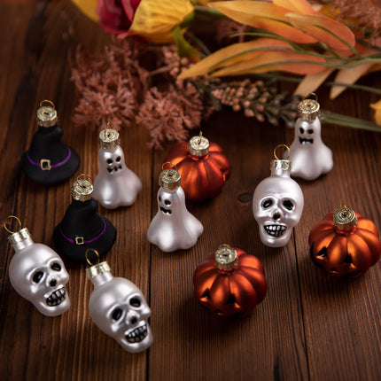 Watayo Halloween Glass Ornaments, Halloween Decorations, Glass Blown Ornaments with Pumpkin, Ghost, Skull, Witch Hat for Halloween Party, Christmas Tree, Home Decoration, 12 Pieces