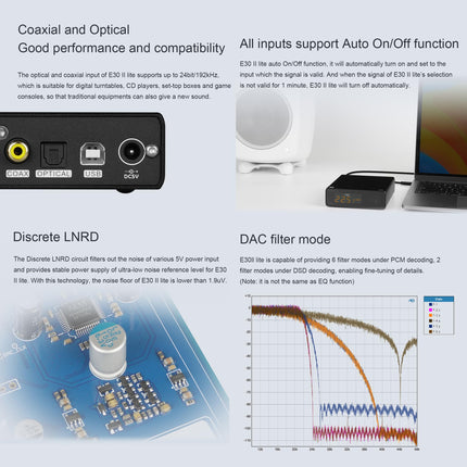 Topping E30 II lite DAC eelvõimendi – AK4493S Hi-Res XMOS XU208 DAC 32-bit/768 kHz DSD512 DSD Direct režiim USB/koaksiaal-/optiliste sisendite jaoks RCA HiFi stereo digitaalne audiodekooder