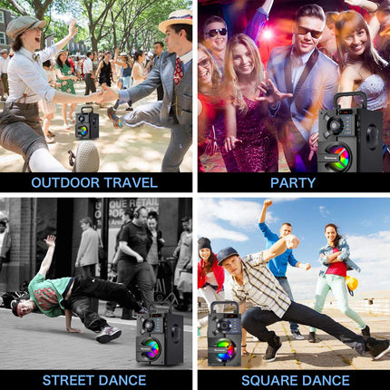 TOMPROAD Bluetooth Speaker, Portable Bluetooth Box with Subwoofer, Wireless Stereo Sound, Rich Bass, Party Speaker, Supports FM Radio, Remote Control, LED Lights (Black)