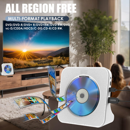Gueray DVD Player for TV All Region Free Desktop DVD/CD Player for Home with Bluetooth Speakers Display Alarm Clock FM Radio with CD Player USB Card Playback Remote Control, HDMI &amp; AV Cable (White)