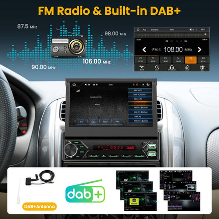 Hikity 1 Din DAB Car Radio with 7 Inch Flip Out Motorized Touchscreen Wireless Carplay Andriod Car Radio with Bluetooth Rear View Camera Mirror Link USB AUX MIC