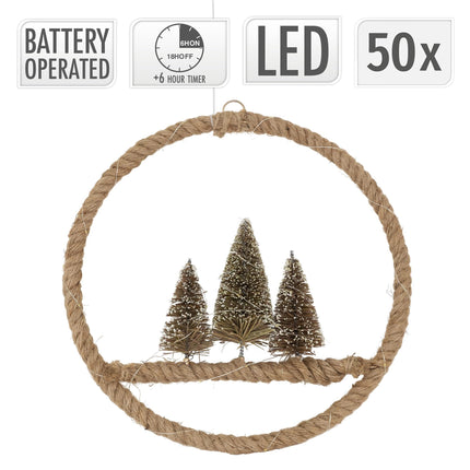 ECD Saksamaa LED-džuudist pärg Ø37cm 50 sooja valge LED-iga, dekoratiivne jõulupärg 3 kuusepuuga, džuudist kott, patareidega ja taimeriga, köiest rippuv pärg, uksel valguspärg jõulukaunistus sees