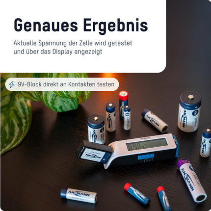 ANSMANN battery tester for rechargeable batteries and batteries AAA, AA, C, D, 9V, Li-Ion, button cells, and more. Battery tester, quick and easy display of charge status, compact and reliable for home and on the go.
