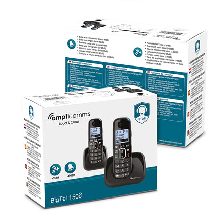 Amplicomms BigTel 1502 Duo juhtmeta DECT suurte nuppudega telefon, kaks telefonitoru, helivõimendus, eriti valjud helinad, kuuldeaparaatidega ühilduv, must
