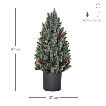 HOMCOM Artificial Christmas Tree Small Tabletop Christmas Tree 170 Branches Snowy Design Mini Christmas Tree with Plastic Base Berries Pine Cones PE PVC Green Ø27 x 47 cm