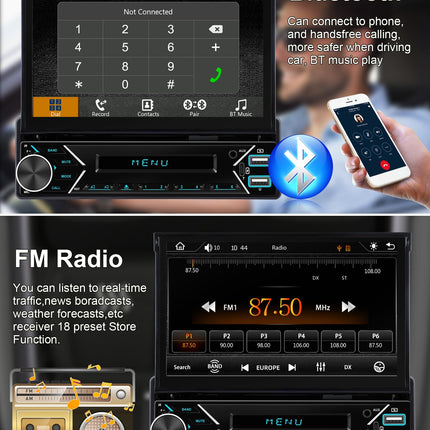 7'' autoraadio 1 DIN Carplay Android Auto juhtmevaba pikendatava ekraaniga, Podofo raadio Bluetooth 5.1 FM 2USB/AUX/Type-C tahavaatekaamera roolil juhtimisega