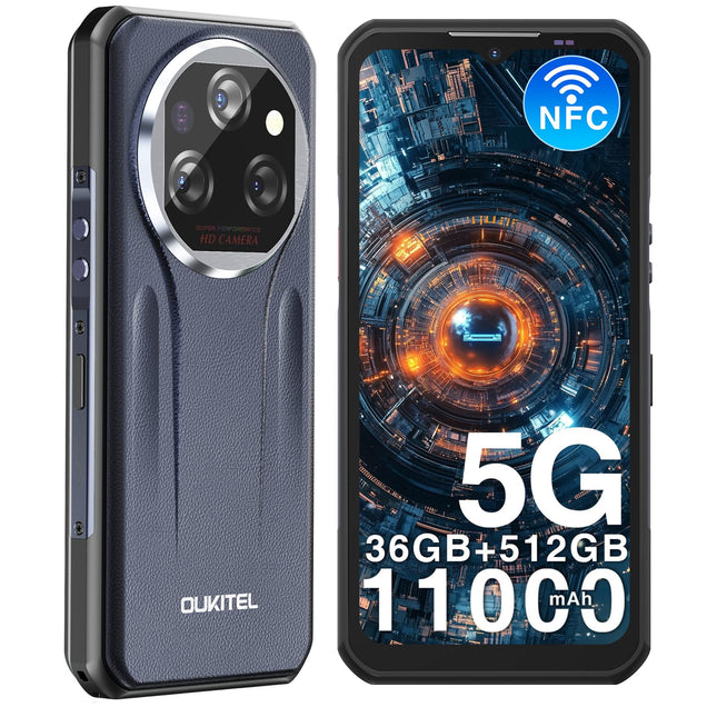 OUKITEL WP39 Pro Outdoor Mobile Phone 5G 36GB+512GB/2TB, 11000mAh Android 14 Outdoor Smartphone Without Contract, MTK6300 Octa-Core Waterproof Construction Site Phone, 64MP+32MP, 6.6'' FHD+/Fingerprint/NFC/33W-Black