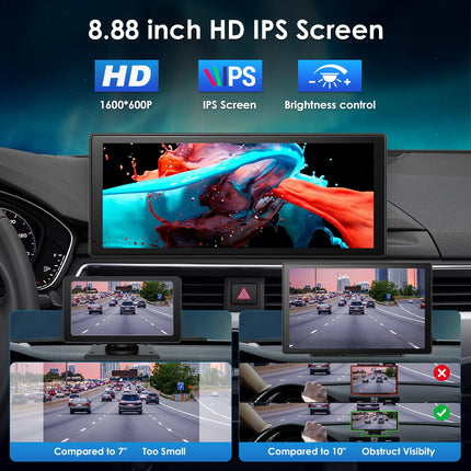 Kaasaskantav 8,88-tolline autostereo Carplay ja Android Auto funktsiooniga, HD Carplay ekraan autodele, tahavaatekaamera, Bluetooth, GPS-navigatsioon, Mirror Link, hääljuhtimine, AUX, FM, muusika/video taasesitus