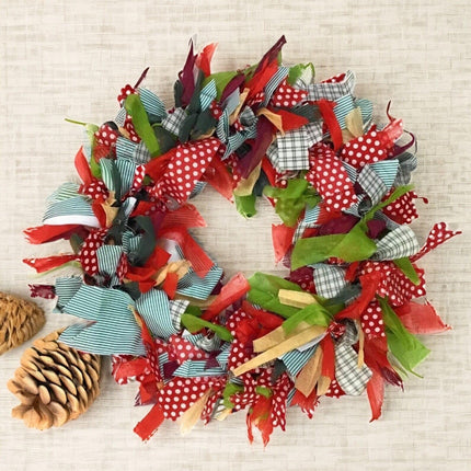 Christmas wreath, Christmas decoration, handmade, made from recycled, seasonal multi-colored, green, red fabric, GoodWeave certified, 30 cm diameter, suitable as a mobile, door or wall hanging