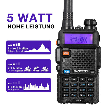 BAOFENG GT-5R raadiosaatja, kahe sagedusalaga kahesuunaline raadio UHF VHF 144-146/430-440MHz jaoks, 128 kanali mäluga, 1800 mAh akuga, programmeerimiskaabliga, täiskasvanute kõrvaklappidega, Chirp-toega