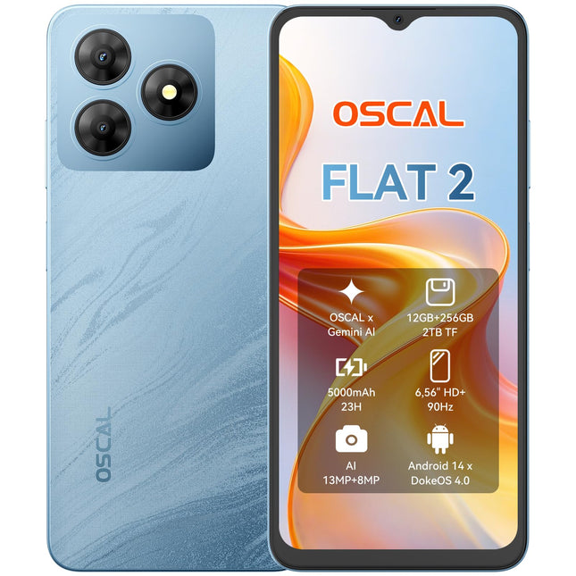 OSCAL Flat 2 Gemini tehisintellektiga nutitelefon ilma lepinguta 12GB+256GB/2TB TF, kaheksatuumaline 90Hz 6.56" HD+, lepinguta mobiiltelefon 5000mAh, 192g, Android 14 nutitelefon 13MP+8MP, kahe SIM-kaardiga/näotuvastusega/sõrmejäljelugejaga/GPS/OTG