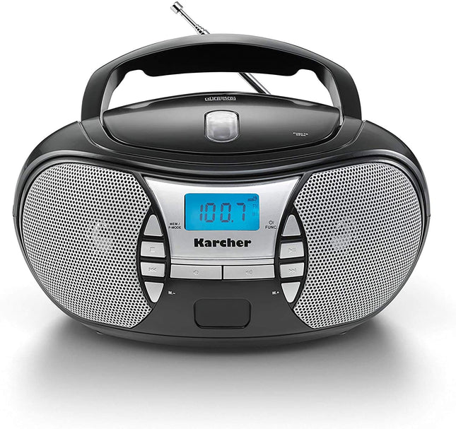 KARCHER RR 5025-B kaasaskantav raadio, CD-mängija vooluvõrgust ja akutoitel, FM-raadio AUX-ühenduse ja kõrvaklapipesaga, must