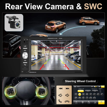 Car radio 2 Din with Bluetooth hands-free system IOS/Android Mirror Link 6.2 inch touchscreen car radio double Din with Bluetooth FM/USB/AUX/EQ/TF steering wheel control + rear view camera remote control