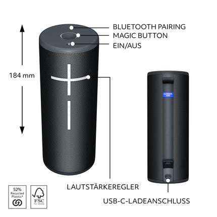 Ultimate Ears Boom 4 – portable, waterproof, swimmable Bluetooth speaker with powerful, intense, crystal-clear 360-degree sound, 15-hour battery life, and 45m range – Black