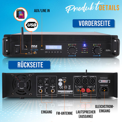 Pyle võimendi, minivõimendi, 2000W Bluetooth-võimendi, võimendi, stereovõimendi, helivõimendi, riiulile kinnitatav, 2 kanalit TRS XLR-sisendiga, LCD, sillarežiim, stereovastuvõtja, juhtmevaba