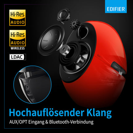 Edifier E25HD Bluetooth kõlarikomplekt – 74 vatti – suurepärane helikvaliteet bassrefleksmembraaniga – LDAC tehnoloogia – Bluetooth 5.3 – elegantne disain – optilised + Aux ühendused – punane