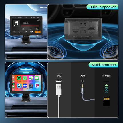 Wireless Apple Carplay Android Auto Portable Car Stereo with Rear Camera 7 Inch Touchscreen Car Radio with Apple Airplay/Android Cast/Dual Bluetooth/FM Transmitter/Voice Control/Siri/GPS/TF/AUX/USB/EQ