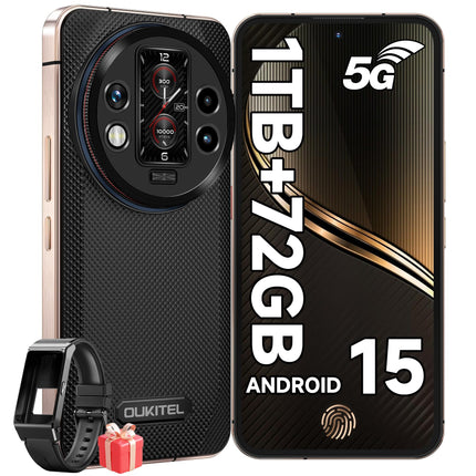 OUKITEL WP200 PRO 5G Outdoor Mobile Phone with SmartWatch, 72GB RAM+1TB ROM Android 15 Outdoor Smartphone Without Contract, 6.7" FHD+120Hz AMOLED Display, 8800mAh/45W, 108MP+32MP, 5G Dual SIM/NFC/GPS/Earbuds/AI
