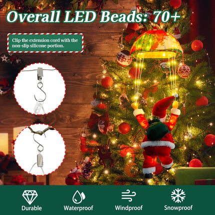 Santa Claus parachute fairy lights, 63CM 70 LED Christmas fairy lights plug in with timer, 8 modes, Christmas lights for indoor and outdoor Christmas decorations, windows, Christmas trees, balconies (warm white)