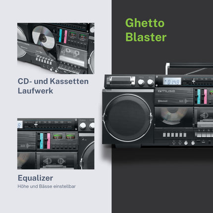 MUSE Bluetooth Retro Boombox with Radio, CD, Cassette Recorder, 80W Output Power, USB, Aux, Micro SD Card Slot