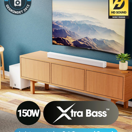 MAJORY K2 heliriba teleritele koos subwooferiga | Teleri kõlarid teleritele | 150W 2.1 helisüsteem juhtmevaba subwooferiga | Bluetooth-teleri heliriba | Kodukino heliriba HDMI ARC-ga (valge)