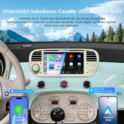 Autoraadio FIAT 500-le (2007-2015), 7-tolline IPS HD ekraan, juhtmevaba CarPlay ja Android Auto, GPS-navigatsioon, Wi-Fi, Bluetooth 5.2, tahavaatekaamera, hääljuhtimine, SWC ja FM-raadio