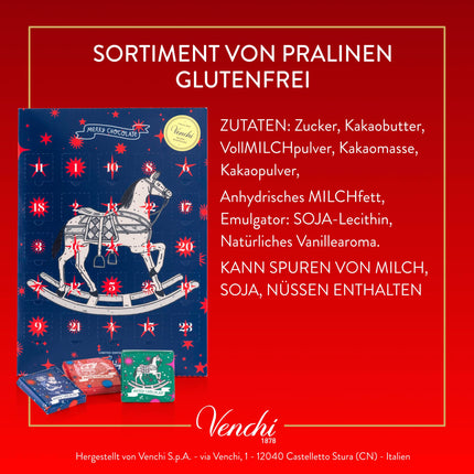 Venchi – Jõulukollektsioon – Advendikalender, 181 g – 25 piima- ja tumedat šokolaadi – Kingiidee – Gluteenivaba