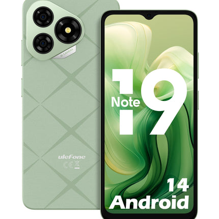 Ulefone Note 19 Android 14 mobiiltelefon, 6GB RAM+32GB ROM/SD-512GB, 6.56" HD+ Octa Core, 5000mAh aku, 8MP+5MP kaamera, nutitelefon ilma lepinguta, kolm kaardipesa, kahe SIM-kaardiga, 4G/Face ID/GPS/OTG/FM, roheline