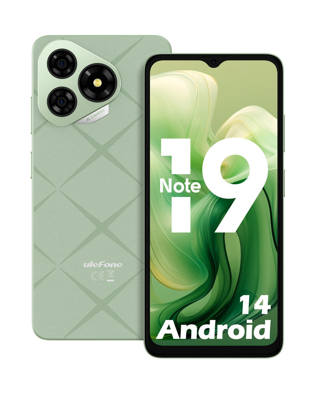 Ulefone Note 19 Android 14 mobiiltelefon, 6GB RAM+32GB ROM/SD-512GB, 6.56" HD+ Octa Core, 5000mAh aku, 8MP+5MP kaamera, nutitelefon ilma lepinguta, kolm kaardipesa, kahe SIM-kaardiga, 4G/Face ID/GPS/OTG/FM, roheline