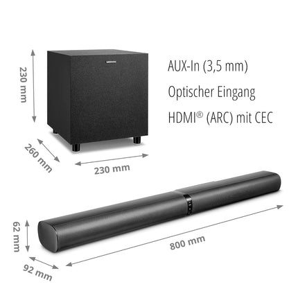 MEDION P64150 2-ühes teisendatav Bluetooth-teleri heliriba juhtmevaba subwooferiga (2.1 heliriba, 2 x 30 vatti, 60-vatine subwoofer, seinale kinnitatav, HDMI ARC CEC-ga, AUX, optiline sisend)