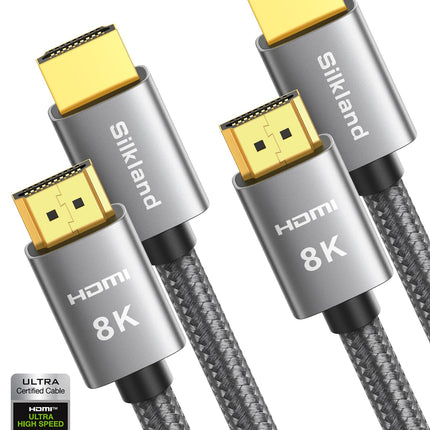 Silkland 8K HDMI 2.1 kaabel 3m, 2 tk pakis sertifitseeritud HDMI® kaablit 48Gbps, PS5 HDMI kaabel 4K@120Hz/144Hz, eARC HDR10 Dolby Atmos DTS:X HDCP2.3 HDTV/heliriba/Blu-ray/projektori/sülearvuti/ekraani/arvuti/lüliti jaoks