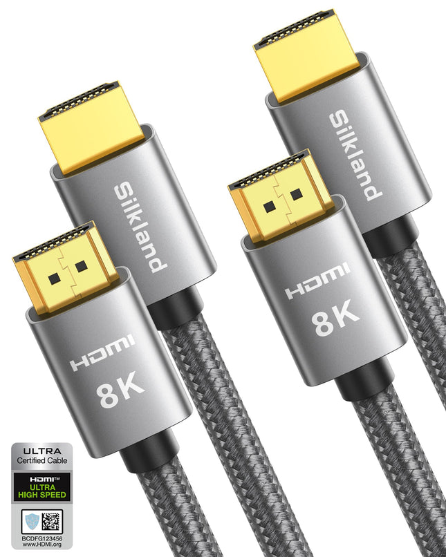 Silkland 8K HDMI 2.1 kaabel 3m, 2 tk pakis sertifitseeritud HDMI® kaablit 48Gbps, PS5 HDMI kaabel 4K@120Hz/144Hz, eARC HDR10 Dolby Atmos DTS:X HDCP2.3 HDTV/heliriba/Blu-ray/projektori/sülearvuti/ekraani/arvuti/lüliti jaoks