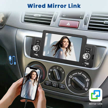 Hikity Carplay autoraadio 1 DIN 5-tollise ekraaniga, puutetundliku ekraaniga, Bluetoothi ​​ja Androidi vabakäesüsteemiga, peegliühendusega, FM-raadio, USB-pordi ja välise mikrofoniga, tahavaatekaameraga