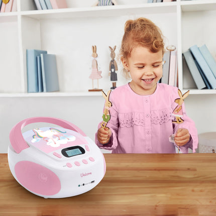 mooov 477407 CD-mängija lastele kõlarite, USB, kõrvaklapipesa ja AUX-IN-pordiga - kaasaskantav Boombox CD-mängija - töötab vooluvõrgust või patareidega - ükssarviku mudel - roosa/valge