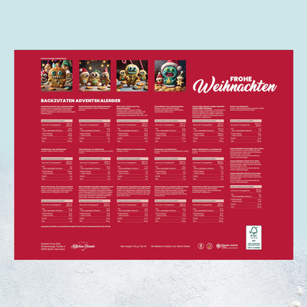 Kaffeehaus Diamant Monster küpsiste küpsetamise advendikalender 2024, 140g, 24 uksega, mis on täis küpsetusaineid ja küpsetustarvikuid koos vaniljesuhkru, toiduvärvi, suhkrupuru, sidrunimaitse ja küpsisevormidega.