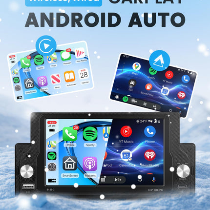 Rimoody juhtmevaba Carplay autoraadio 1 DIN juhtmevaba Android Auto IOS/Android Mirror Linkiga 5,9-tolline puutetundliku ekraaniga autoraadio Bluetoothi ​​ja FM-raadioga USB/AUX/DVR/EQ/MIC Roolil juhtimine tahavaatekaamera