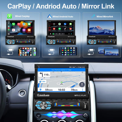 CAMECHO 1 DIN Carplay/Android Auto/Peeglingi autoraadio ekraaniga, 7-tolline mootoriga pikendatav puutetundlik ekraan, autoraadio Bluetooth peeglilingiga (Android/IOS) + väline mikrofon + tahavaatekaamera