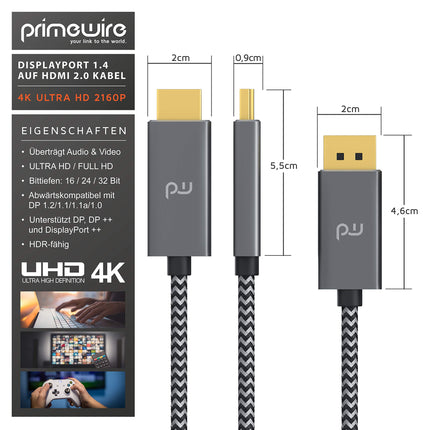 4K 2m Displayport 1.4 to HDMI cable - HDTV cable standard 2.0 - UHD 3840 x 2160 @ 60 Hz - triple shielding - kink protection - metal connectors - audio and video adapter cable for projectors, laptops, monitors