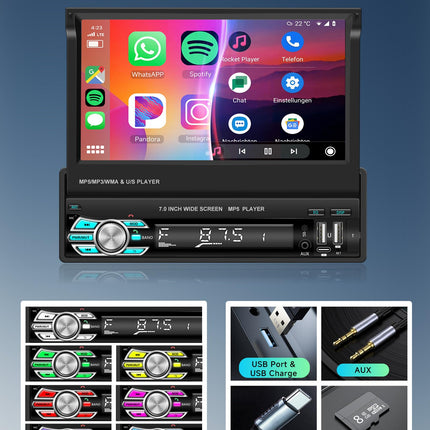 Podofo juhtmevaba Carplay autoraadio 1Din 7-tollise pikendatava ekraaniga, manuaalse ekraaniga, juhtmevaba Android Auto, Bluetooth 5.1, FM, 2USB/AUX/SD/roolil juhtimine, tahavaatekaamera, roolil juhtimine