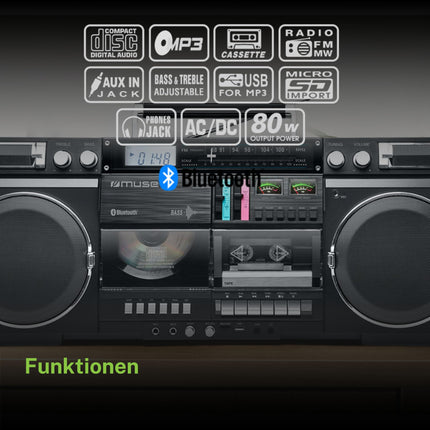 MUSE Bluetooth Retro Boombox with Radio, CD, Cassette Recorder, 80W Output Power, USB, Aux, Micro SD Card Slot