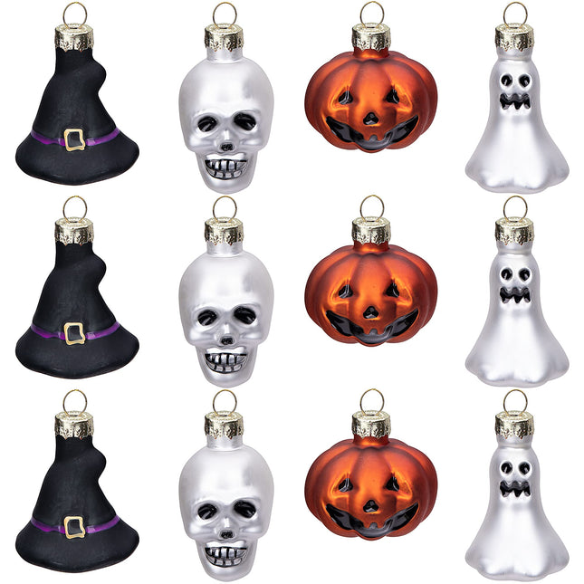 Watayo Halloween Glass Ornaments, Halloween Decorations, Glass Blown Ornaments with Pumpkin, Ghost, Skull, Witch Hat for Halloween Party, Christmas Tree, Home Decoration, 12 Pieces