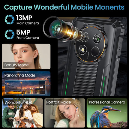 OUKITEL WP28E (2025) Android 14-10600mAh välistingimustes kasutatav nutitelefon ilma lepinguta, 16GB+64GB/1TB, 6.52" nutitelefon 13MP kaameraga, IP68 ehitusplatsi telefon, kahe SIM-kaardiga/NFC/GPS/OTG/Face ID/BT5.0 - roheline