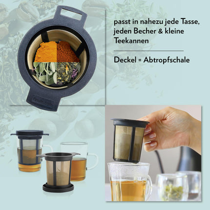 finum® KEETMISKORVIDE KOMPLEKT M Teesõel lahtisele teele, Roostevabast terasest teefilter tilgakogumisalusega, Püsiv filter teele ja kohvile, BPA-vaba, Suurus M, Must