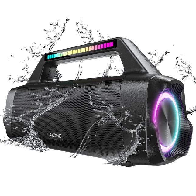 AKONE Bluetooth-kõlar, 80 W tipptasemel muusikakast Bluetooth-i suure bassivõimendiga LED-valgusega, veerev stereoheli, 20-tunnine aku, IP67 välistingimustes kasutatav kõlar Boombox pidudeks, rannaks, telkimiseks