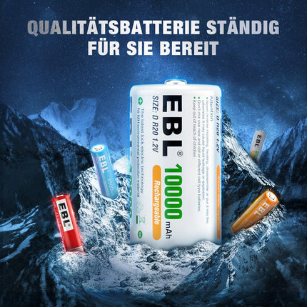 EBL D aku 10000mAh, laetav D-tüüpi NI-MH aku, 4 tk koos hoiukarbiga, mono-D aku