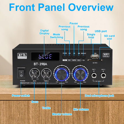 Romicta HiFi Stereo Amplifier, 450Wx2, 2-Channel Mini Bluetooth Amplifier with FM Radio, USB/SD, Optical &amp; Coaxial Inputs – Compatible with Passive Speakers &amp; Active Subwoofer