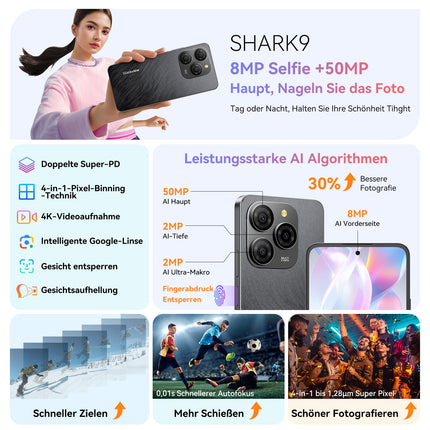 Blackview Shark 9 5G mobiiltelefon ilma lepinguta 24GB + 256GB/2TBTF, 2.7GHz Octa Core, Super PD 50MP AI fotoalbum, 6.67" Android 14 nutitelefon, 5000mAh 18W, kahe SIM-kaardiga telefonid/Face ID/GPS/NFC