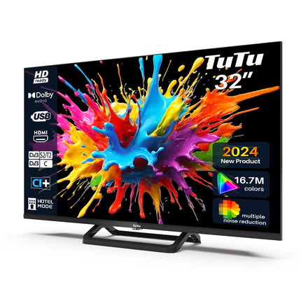 TuTu TUB32HN1NC televiisor 32-tolline (80 cm) LED HD-Ready kolmekordne tuuner (DVB-T/T2-CS/S2) HDMI USB meediapleier CI/CI+ hotellirežiim keskjalg