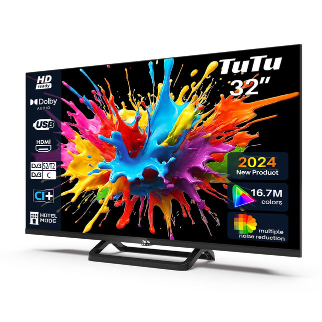 TuTu TUB32HN1NC TV 32 inch (80cm) LED HD-Ready Triple Tuner (DVB-T/T2-CS/S2) HDMI USB Media Player CI/CI+ Hotel Mode Center Stand