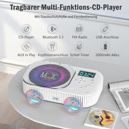 Greadio kaasaskantav CD-mängija Bluetooth 5.3-ga, 2000mAh laetav CD-mängija FM-raadioga, laste CD-mängija koju ja autosse, kahe kõlariga/LCD-ekraaniga/puldiga/AUX/USB-ga (valge)